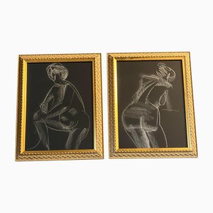 Dibujos de desnudos de mujeres, años 50, obra de arte en papel, enmarcado