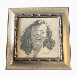 Female Portrait, Charcoal Drawing, 1950s, Framed