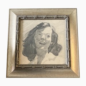 Portrait de Femme, Dessin au Fusain, 1950s, Encadré