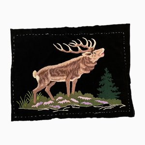 Vintage German Folk Art Punch Needlework Stag on Black Velvet, 1930s