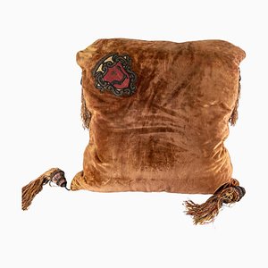 Early 20th Century Velvet Decorative Pillow with Coat of Arms Family Crest