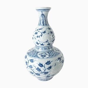 Vase Double Gourde Bleu et Blanc Chinoiserie, 20ème Siècle