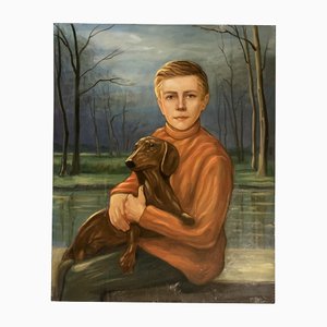 Niño con su retrato de perro salchicha, años 60, Paint