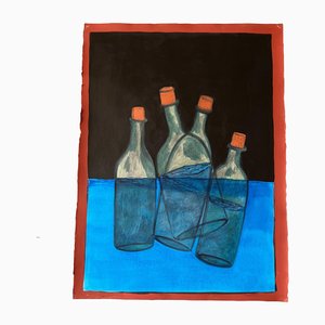Bodegón abstracto con botellas, años 80, Acrílico sobre papel