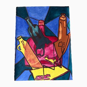 Abstract Still Life with Bottles, 1980s, Acrylic on Paper