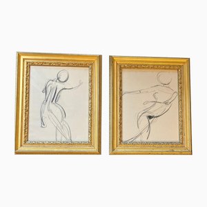Nude Study Drawings, 1950s, Abstract Charcoal Work on Paper, Framed, Set of 2