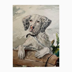 Chiot Chien de Race Mixte, 1950s, Aquarelle sur Papier