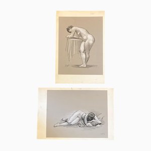 Nudo femminile, anni '80, Carboncino su carta, set di 2