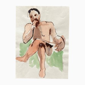 Nu Masculin, 1980s, Aquarelle sur Papier