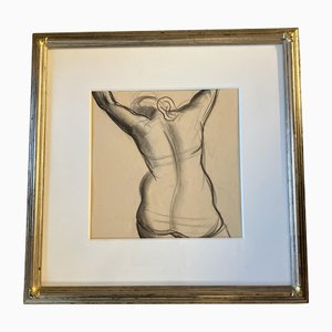 Dibujo de estudio desnudo de mujer, años 50, carboncillo sobre papel, enmarcado