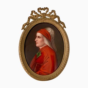 Portrait du Poète Italien Dante Alighieri, 19ème Siècle, Peinture à l'Huile sur Porcelaine, Encadrée