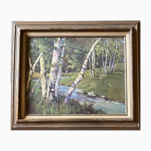 Woodland Landscape of Stream with Birches, 1970s, Painting on Canvas
