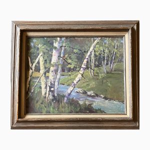 Woodland Landscape of Stream with Birches, 1970s, Peinture sur Toile