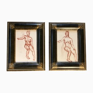Dibujos de estudio desnudos de mujeres sepia, años 50, obra de arte en papel, enmarcado. Juego de 2