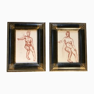 Disegni di studio di nudo femminile color seppia, anni '50, opera d'arte su carta, con cornice, set di 2