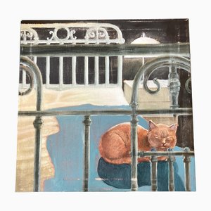 Schlafende Katze, 1990er, Gemälde auf Leinwand