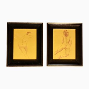 Desnudo femenino, años 70, Obra de arte en papel, enmarcado, Juego de 2