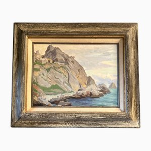 Mid-Century Modernist Seascape with Rocks, Painting, Framed