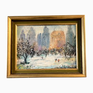 Snowy Cityscape with Figure, 1950s, Paint, Framed