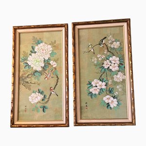 Mid-Century Chinese Floral & Birds, 1970s, Painting on Cork, Framed, Set of 2