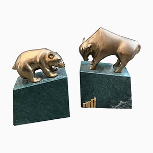 Sujetalibros Bull & Bear Market de mármol, años 80. Juego de 2