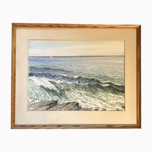 RW Moore, paisaje marino con velero, pintura de acuarela, años 70, enmarcado