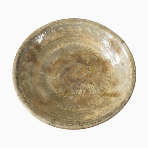 15th Century or Earlier Korean or Japanese Celadon Green Bowl with Chrysanthemums