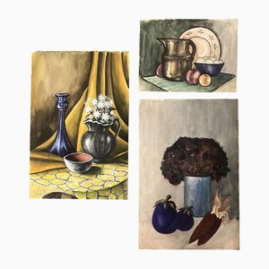 Still Lifes, 1970s, Watercolors on Paper, Set of 3