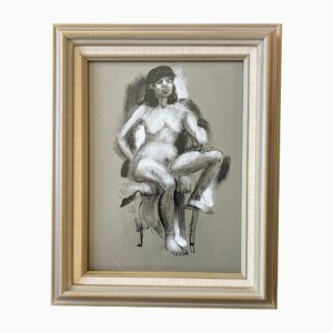 Nu Féminin, 1960s, Peinture et Textile sur Papier, Encadré