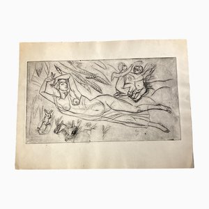 Desnudo femenino con querubines y conejos, años 70, grabado en papel
