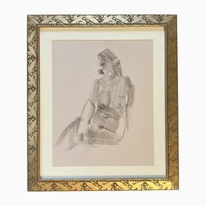 Dibujo de estudio desnudo de mujer, años 50, carboncillo sobre papel, enmarcado