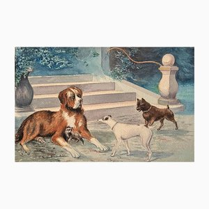 A.N. Blanchard, Dogs & Cat, 1930s, Watercolor Painting