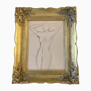 Dibujo de estudio desnudo de mujer, años 50, carboncillo sobre papel, enmarcado