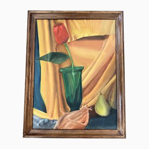 Bodegón modernista con pera y tulipán rojo, años 70, Pintura sobre lienzo, Enmarcado