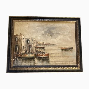 Venice Waterfront, anni '50, Dipinto su tela, Incorniciato