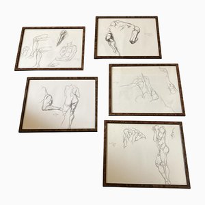 Figure di nudo, anni '70, Disegni a carboncino su carta, con cornice, set di 5