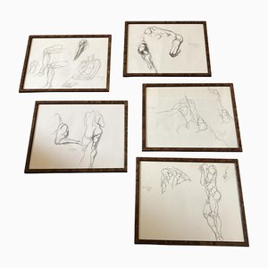 Nude Figures, 1970s, Charcoal Drawings on Paper, Framed, Set of 5