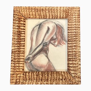 Dibujo al pastel desnudo de mujer, años 50, Obra de arte en papel, enmarcado