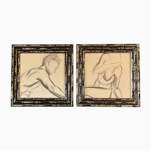 Untitled, 1920s, Charcoal Drawings on Paper, Framed, Set of 2