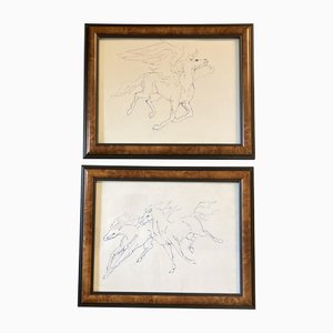 Flying Horses, 1970s, Ink Drawings on Paper, Set of 2