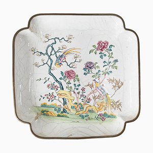 19th Century Chinese Canton Peking Enamel Square Dish with Flycatchers and Flowers