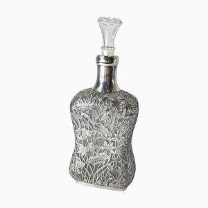 20th Century Sterling Silver Overlay Decanter Bottle with Lotus Flowers