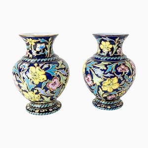 19th Century Bohemian Enameled Floral Vases from Moser, Set of 2