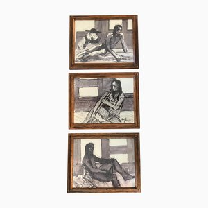 Untitled, 1970s, Charcoal and Watercolor on Paper, Framed, Set of 3