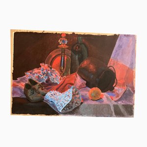 Bodegón con zapato, fruta, tela y macetas, años 70, Acuarela sobre papel
