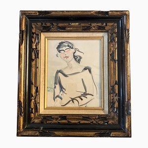 Female Portrait, 1950s, Watercolor on Paper, Framed