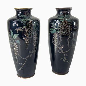 Jarrones cloisonné Meiji japoneses, siglo XIX, con glicinas y pájaros. Juego de 2