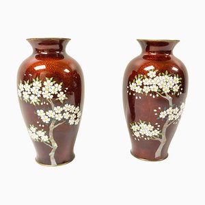 20th Century Japanese Red Ginbari Cloisonne Vases with Flowering Trees by Yamamoto, Set of 2