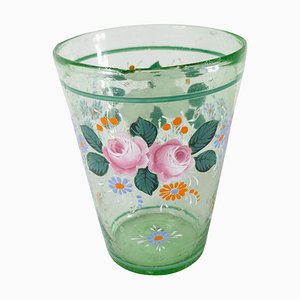 Vase Gobelet Style Bohémien en Verre Emaillé avec Fleurs, 20ème Siècle