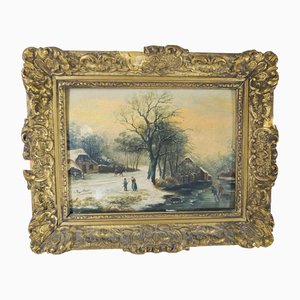 Artiste Hollandais, Paysage d'Hiver, Peinture à l'Huile sur Panneau de Bois, 19ème Siècle, Encadré